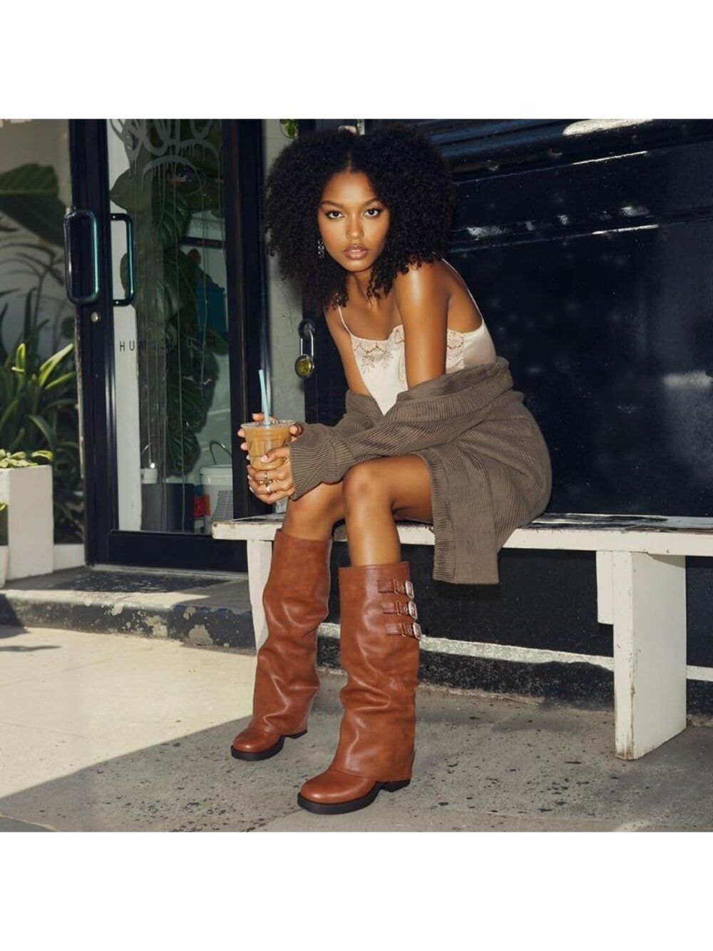 Women's Brown Knee High Boots Platform Square Toe Slouchy Fold Over Tall Boots